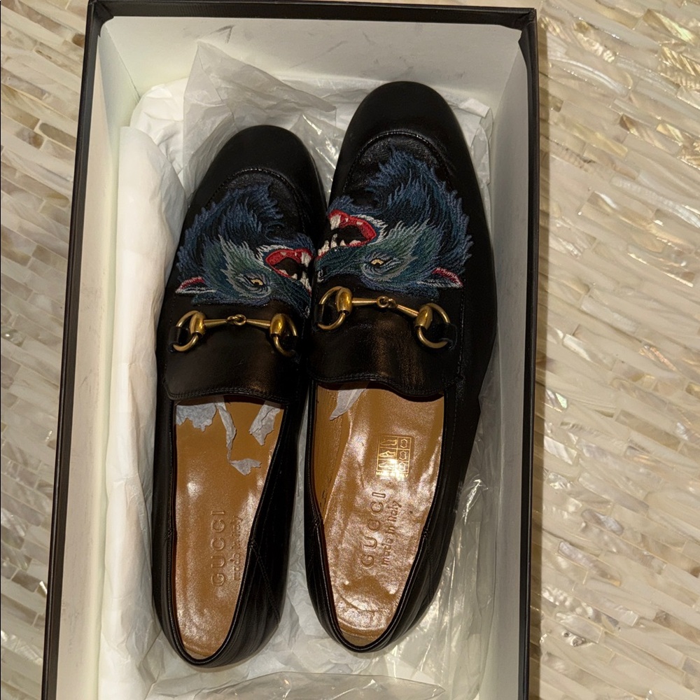 Gucci Black Loafers with Embroidered Design